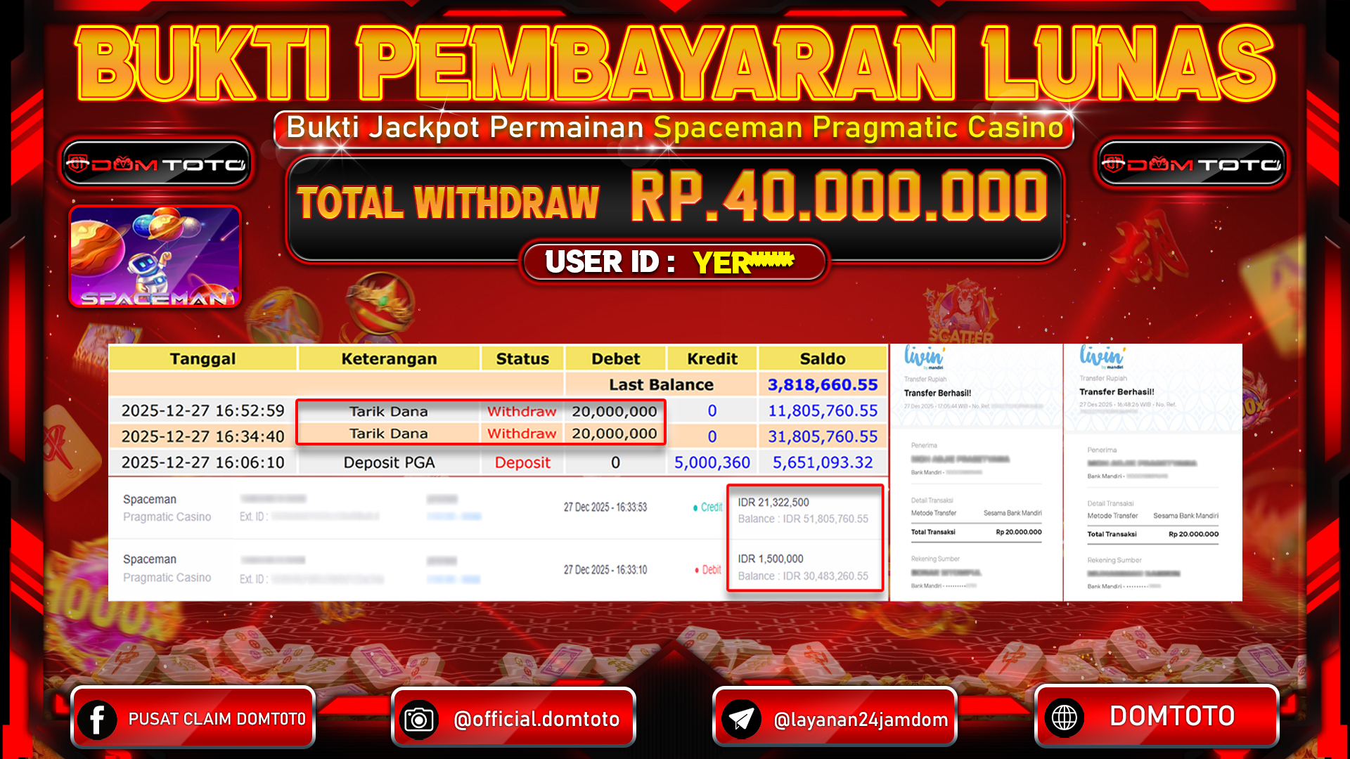 JACKPOT SLOT Spaceman Pragmatic Casino 27 DECEMBER 2025